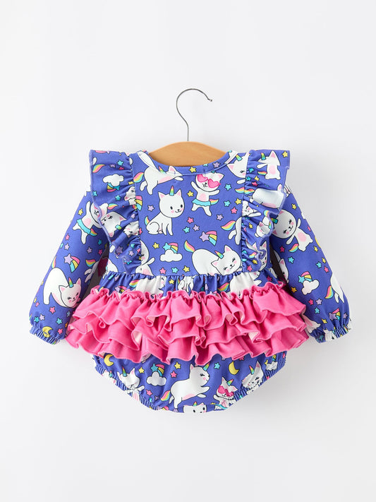Fall Ghost Cat Print Girls Long Sleeve Romper -