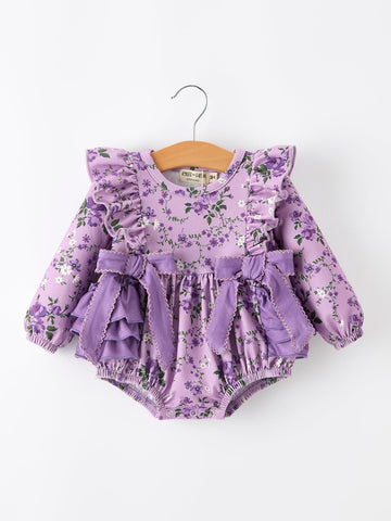 Fall Lavender Floral Print Girls Long Sleeve Romper