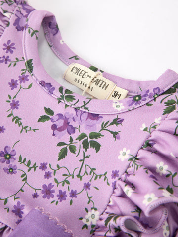 Fall Lavender Floral Print Girls Long Sleeve Romper