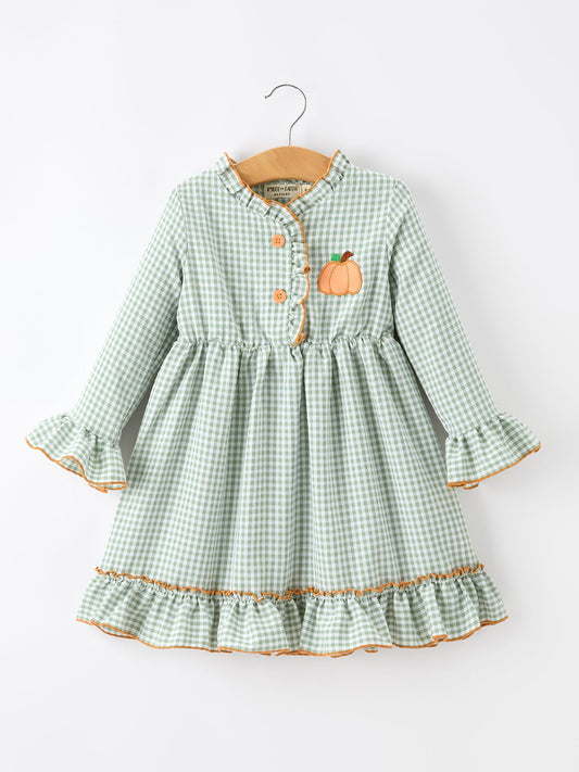 Fall Plaid Girls Dress Pumpkin Applique Ruffle Button Dress -