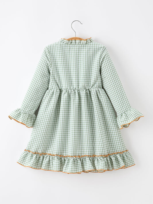 Fall Plaid Girls Dress Pumpkin Applique Ruffle Button Dress -