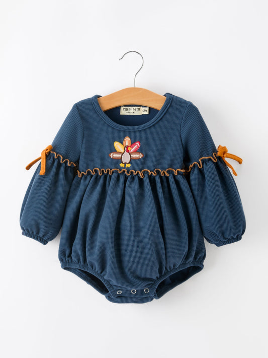 Thanksgiving Fall Turkey Applique Navy Baby Girls Romper -