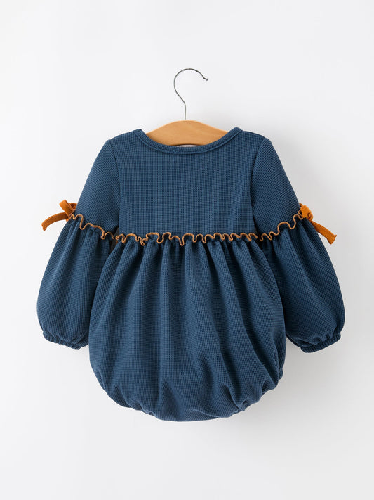Thanksgiving Fall Turkey Applique Navy Baby Girls Romper -