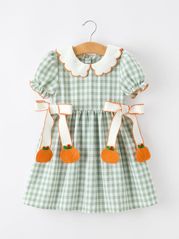 Fall Plaid Girls Dress Pumpkin Bow Smocked Peter Pan Collar