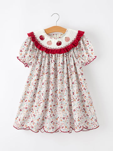 Fall Pumpkin Embroidery Girls Dress Floral Ruffle Collar Dress -