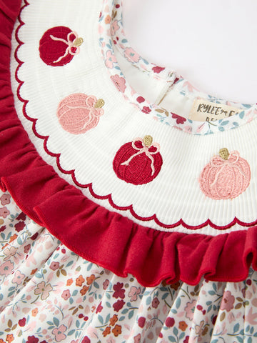 Fall Pumpkin Embroidery Girls Dress Floral Ruffle Collar Dress -