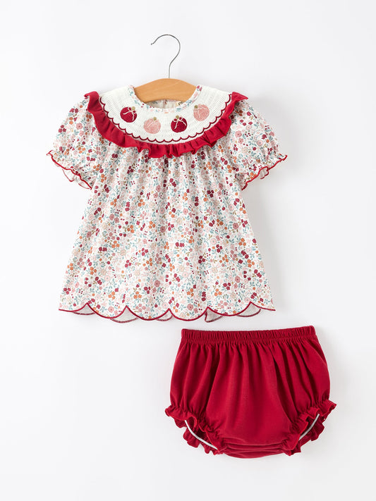 Fall Pumpkin Embroidery Baby Girl Outfit Set Red Bloomer Set -