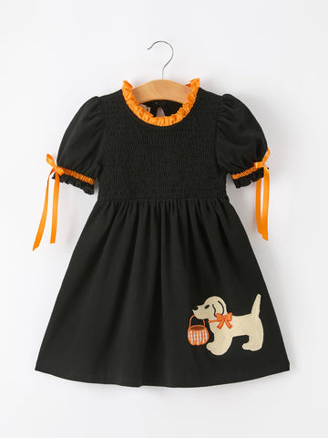 Girls Halloween Dog Pumpkin Applique Dress Puff Sleeve