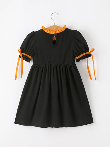 Girls Halloween Dog Pumpkin Applique Dress Puff Sleeve