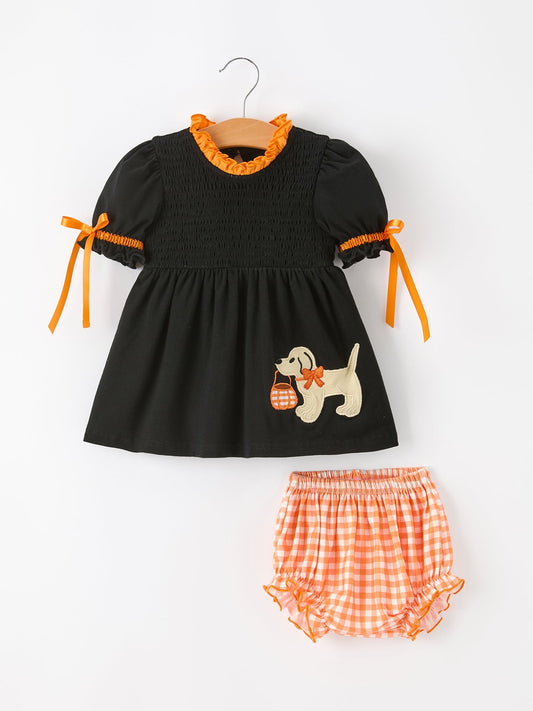 Girls Halloween Dog Pumpkin Black Bloomers Set -