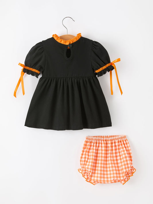 Girls Halloween Dog Pumpkin Black Bloomers Set -