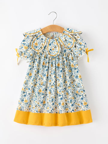 Floral Girls Dress Peter Pan Collar Yellow Trim Puff Sleeve Dress