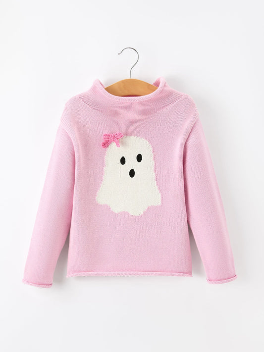 Girls Ghost Bow Knit Sweater Halloween Cute Embroidered Pullover -