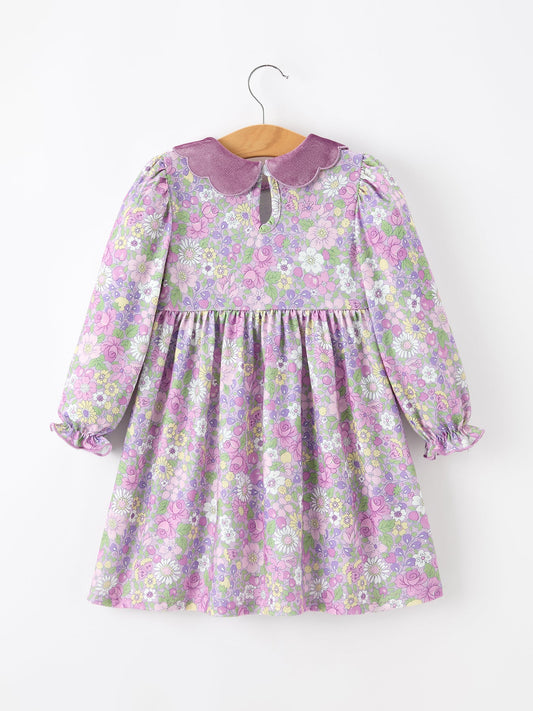 Purple Floral Girls Dress Velvet Collar Bow Long Sleeve Dress -