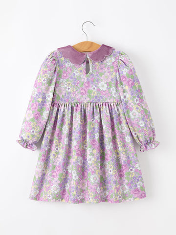 Purple Floral Girls Dress Velvet Collar Bow Long Sleeve Dress