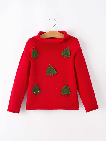 Baby Girl Christmas Red Knit Sweater with Embroidered Tree Appliqué -