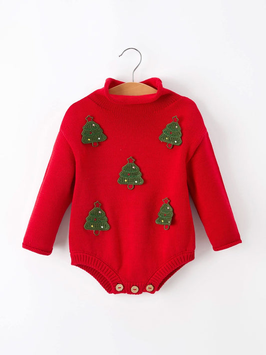 Baby Girls Christmas Red Knit Tree Appliqué Romper -