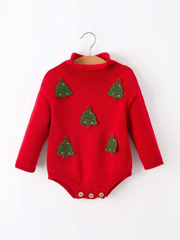 Baby Girls Christmas Red Knit Tree Appliqué Romper -