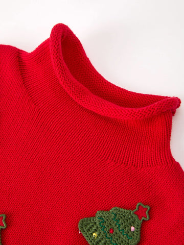 Baby Girls Christmas Red Knit Tree Appliqué Romper -