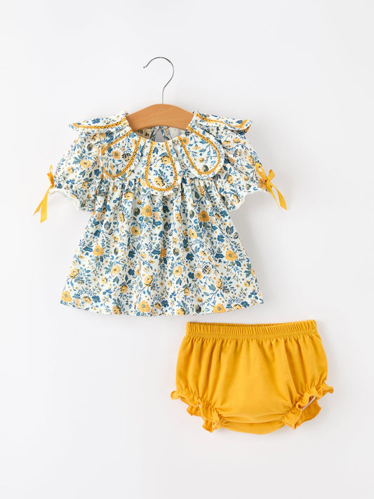 Floral Girls Outfit Set Yellow Puff Sleeve Top Bloomers Set -