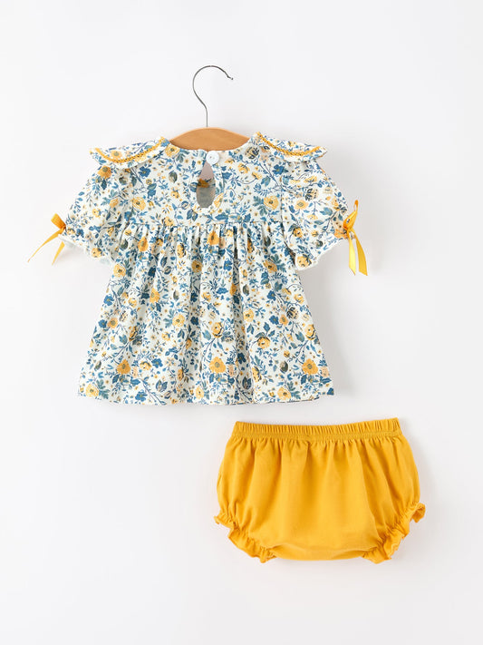 Floral Girls Outfit Set Yellow Puff Sleeve Top Bloomers Set -