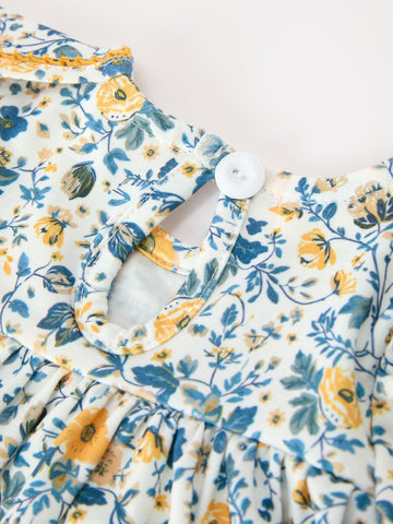 Floral Girls Outfit Set Yellow Puff Sleeve Top Bloomers Set