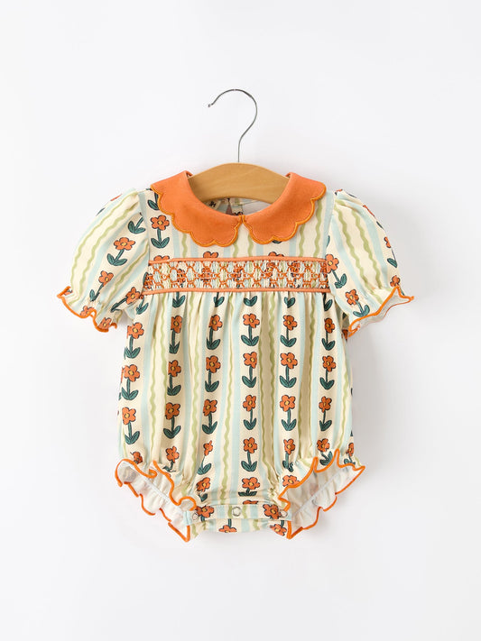 Fall Floral Stripe Baby Romper Petals Collar Smocked Puff Sleeve -