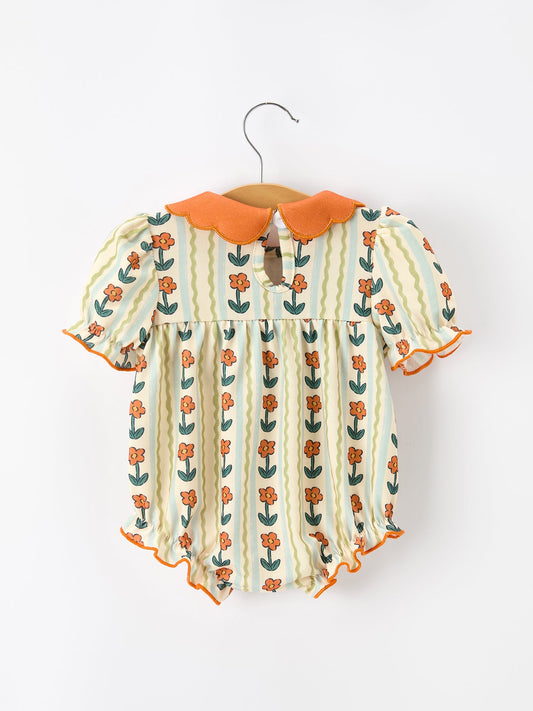 Fall Floral Stripe Baby Romper Petals Collar Smocked Puff Sleeve -