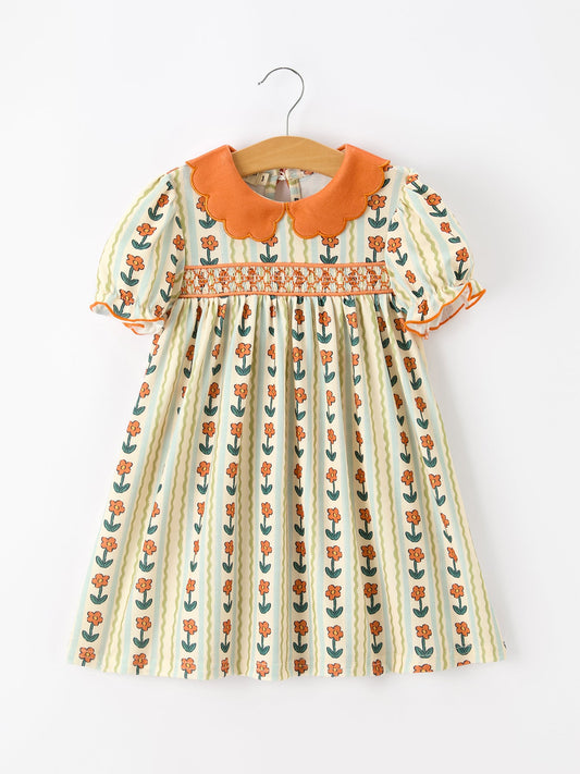 Fall Floral Stripe Girls Dress Petals Collar Smocked Puff Sleeve -