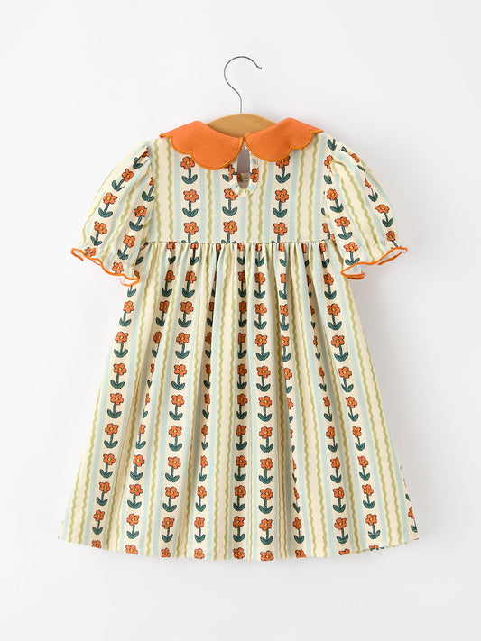 Fall Floral Stripe Girls Dress Petals Collar Smocked Puff Sleeve -