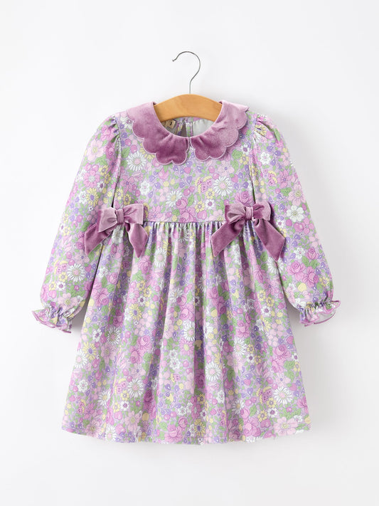 Purple Floral Girls Dress Velvet Collar Bow Long Sleeve Dress -