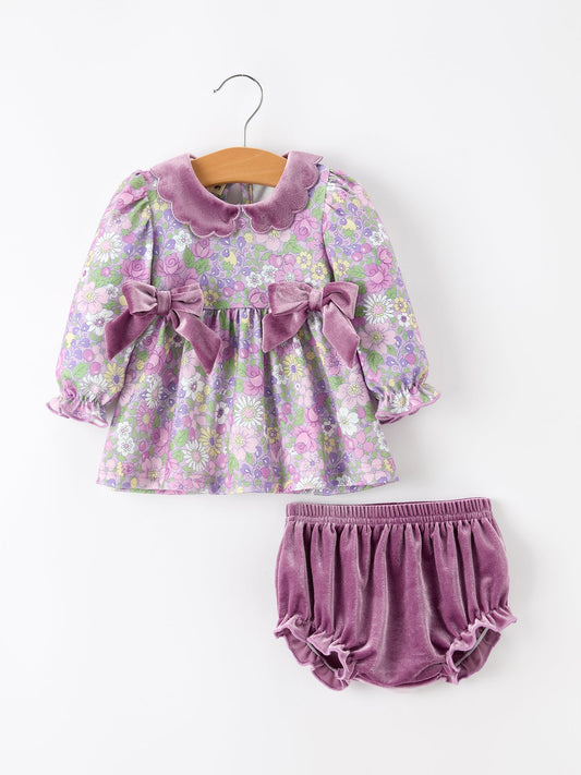 Purple Floral Velvet Baby Girl Outfit Set Ruffle Bow Bloomers -