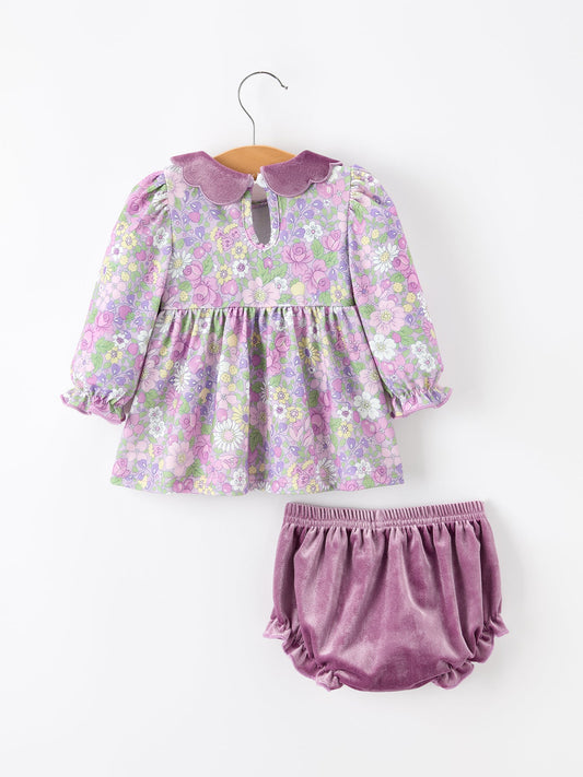 Purple Floral Velvet Baby Girl Outfit Set Ruffle Bow Bloomers -