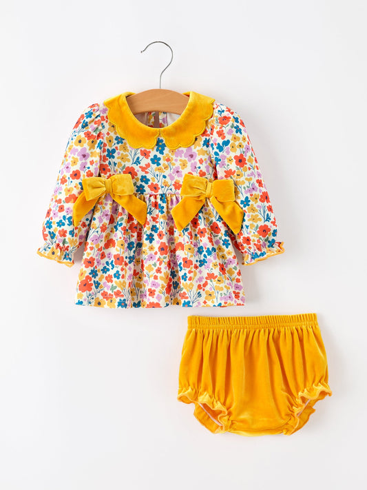 Floral Baby Girl Outfit Set Yellow Velvet Collar Bow Bloomers -