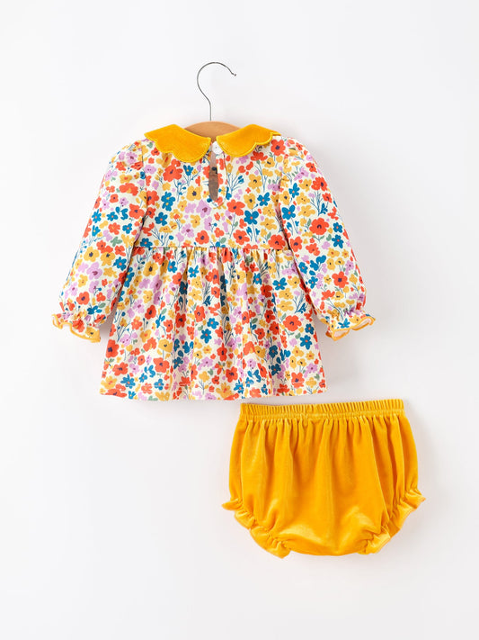Floral Baby Girl Outfit Set Yellow Velvet Collar Bow Bloomers -