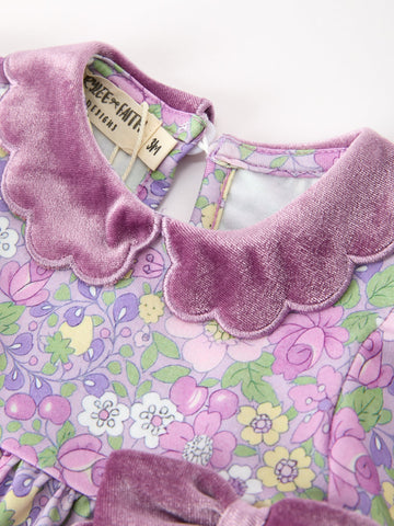 Purple Floral Velvet Baby Girl Outfit Set Ruffle Bow Bloomers