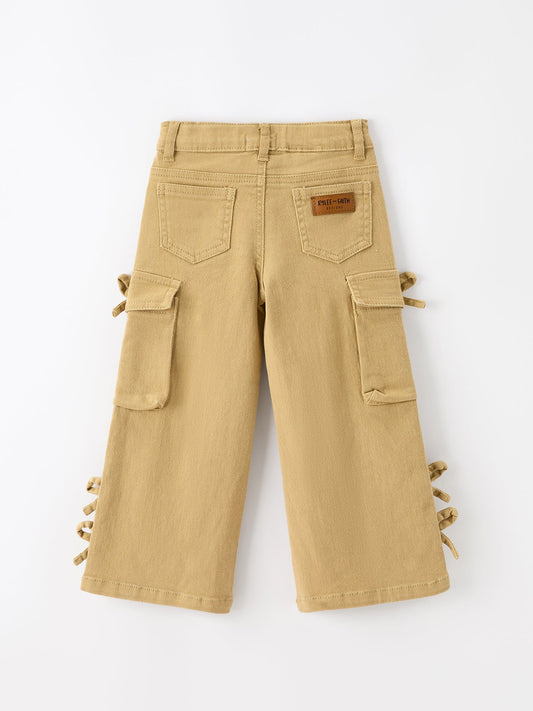 Girls Solid Cargo Leggings Side Bow Pocket Wide Leg Pants -
