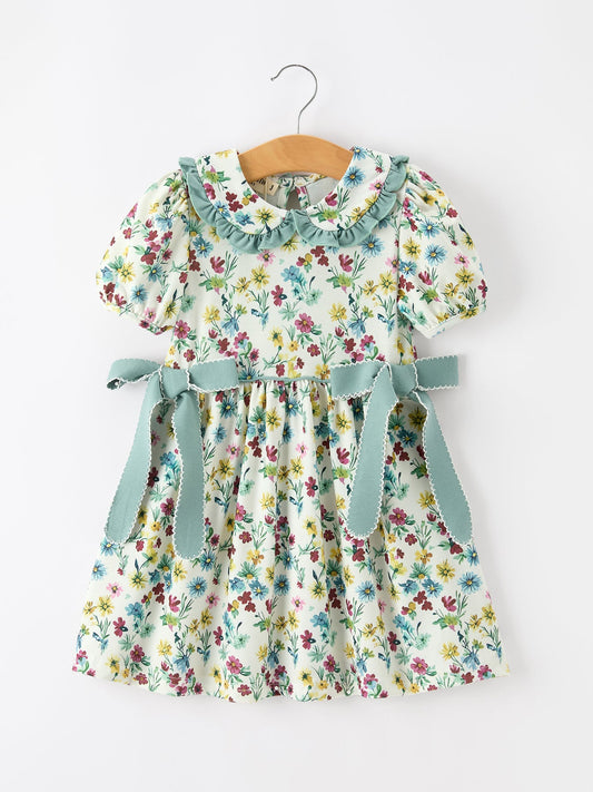 Green Floral Girls Dress Petal Collar Bow Waist Puff Sleeve Dress -
