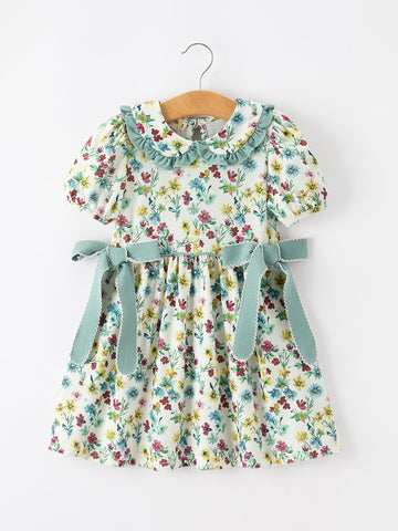 Green Floral Girls Dress Petal Collar Bow Waist Puff Sleeve Dress