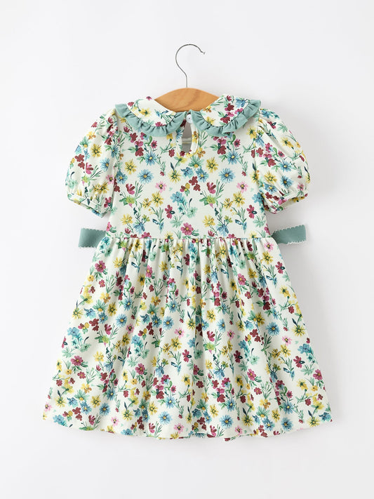 Green Floral Girls Dress Petal Collar Bow Waist Puff Sleeve Dress -