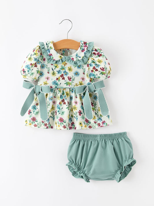 Green Floral Girls Outfit Set Ruffle Collar Bow Baby Bloomer Set -