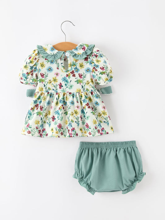 Green Floral Girls Outfit Set Ruffle Collar Bow Baby Bloomer Set -