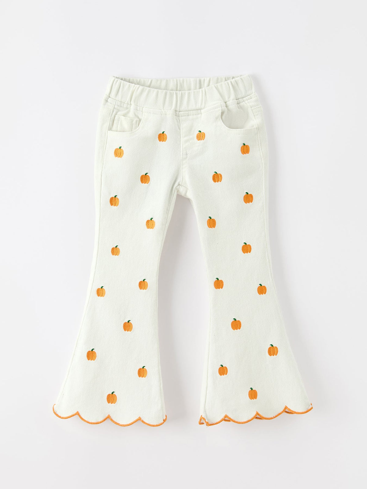 Girls Pumpkin Embroidered Wide-Leg Pants Fall Scallop Hem Casual Pants