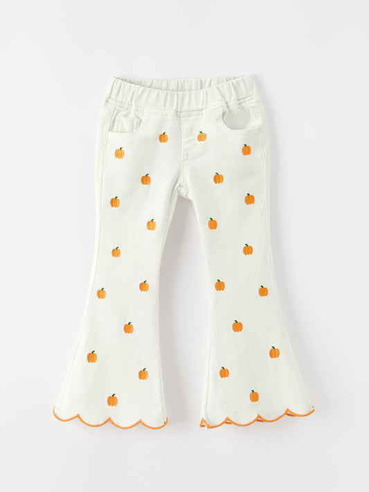 Girls Pumpkin Embroidered Wide-Leg Pants Fall Scallop Hem Casual Pants -