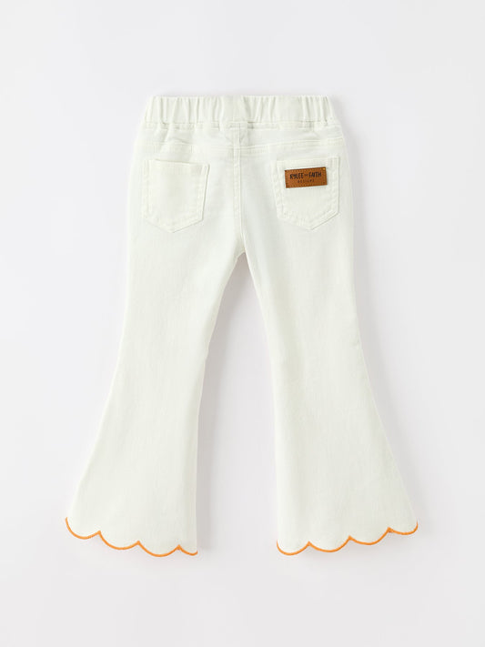 Girls Pumpkin Embroidered Wide-Leg Pants Fall Scallop Hem Casual Pants -