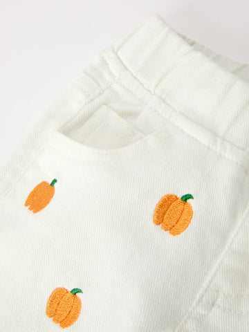 Girls Pumpkin Embroidered Wide-Leg Pants Fall Scallop Hem Casual Pants