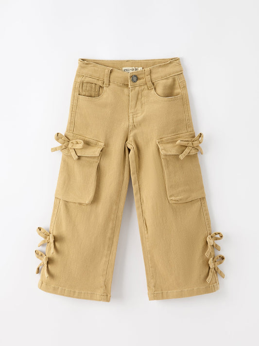 Girls Solid Cargo Leggings Side Bow Pocket Wide Leg Pants - Khaki