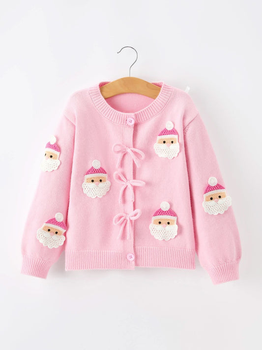 Baby Girl Christmas Pink Santa Bow Knit Cardigan Sweater -