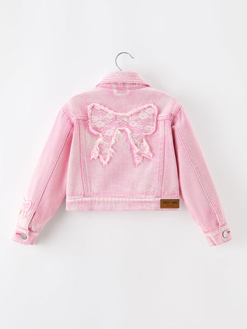 Girls Pink Denim Jacket with Lace Bow Back Detail