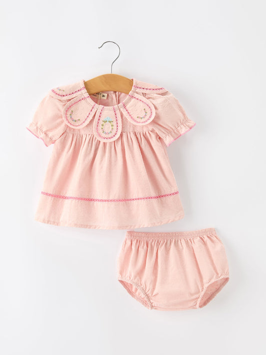 Fall Baby Girl Pink Peter Pan Collar Embroidered Bloomer Set -